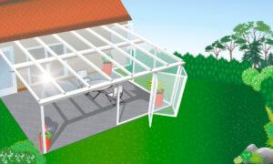 Zeichnung einer Terrassenüberdachung neben Haus, die vor Sonnenstrahlung schützt